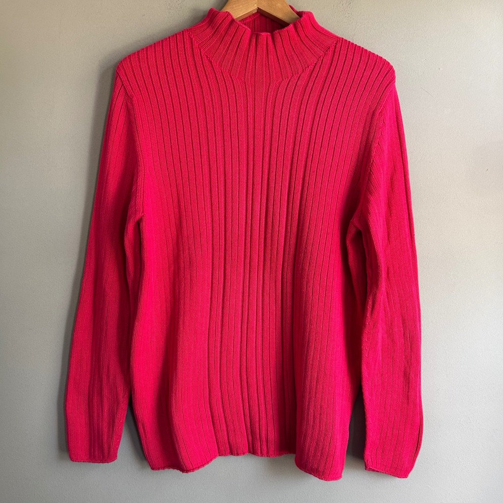Lands End Red Ribbed Mock Neck Sweater XL 18-20 100% Cotton Made in USA
